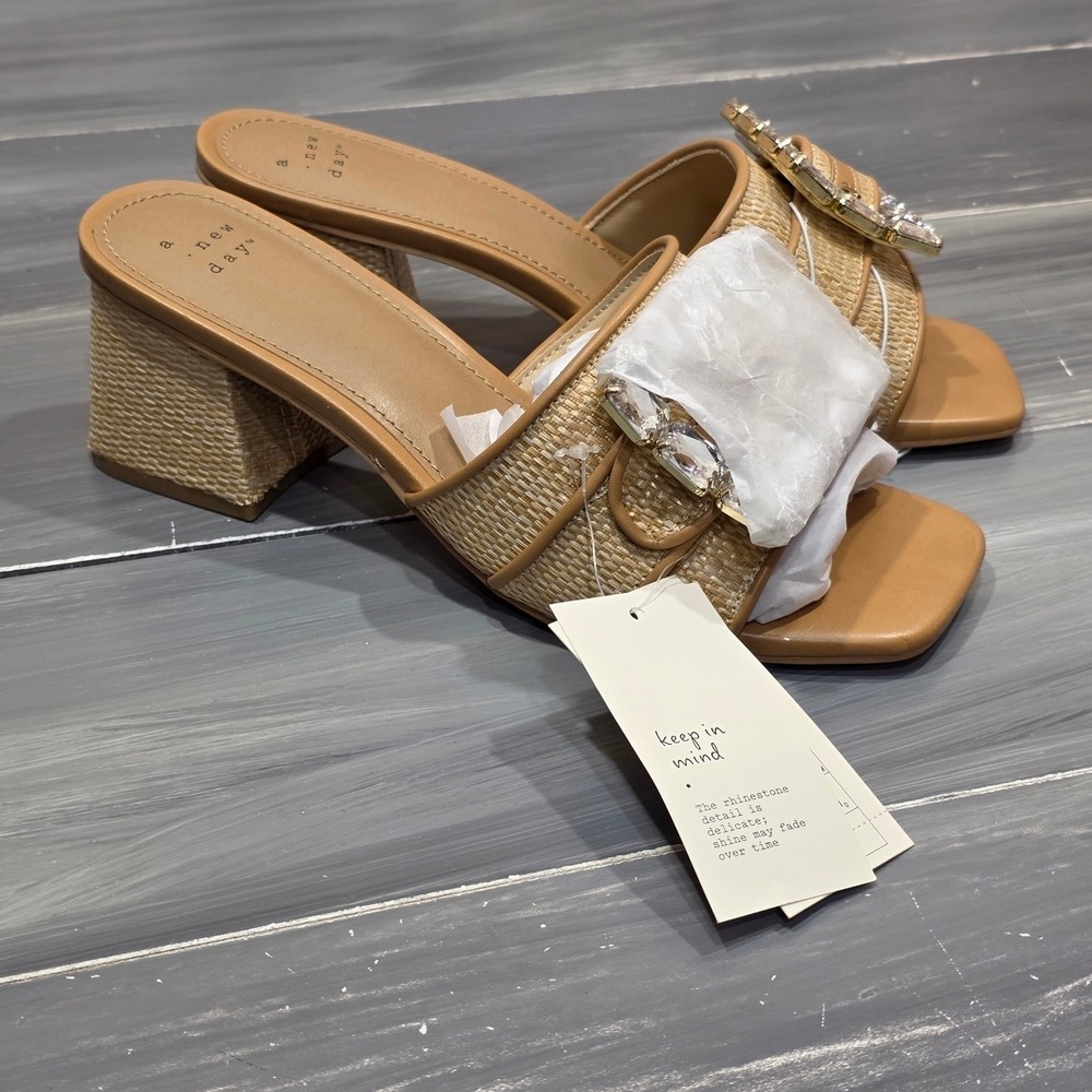 A New Day Kathleen Sandals Raffia Rhinestone Buckle Block Heel Mules Square Toe - Picture 9 of 15
